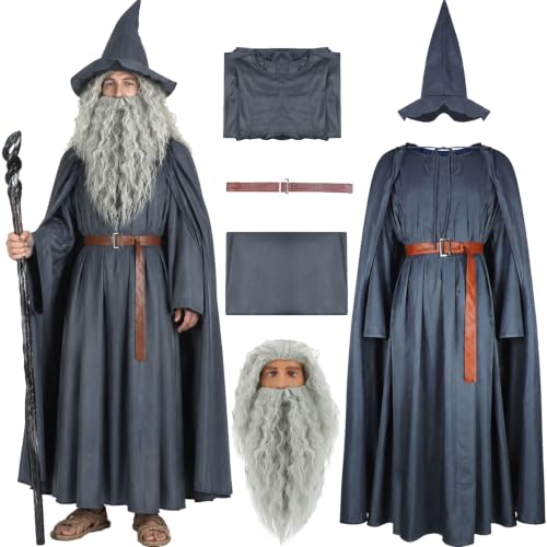 Wizard Costume with Wig Adult Warlock Robe Men Sorcerer Costume Grey Cloak Hat Cape Halloween Cosplay Outfits XS