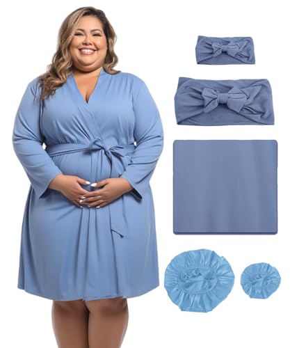 Image of SUFEINI Maternity Robe and Matching Swaddle Blanket Set, Plus Size Women Postpartum Robes Sleepwear New Mommy Gift