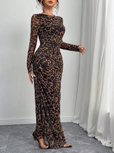 Image of LIGHT DOT Women's Printed Bodycon Maxi Dress Long Sleeve Tie Dye Mesh Ruched Cocktail Dress