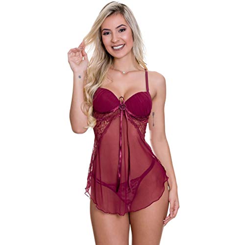 Camisola Vinho Transparente em Renda e Tule com Bojo Graziela - MS1717