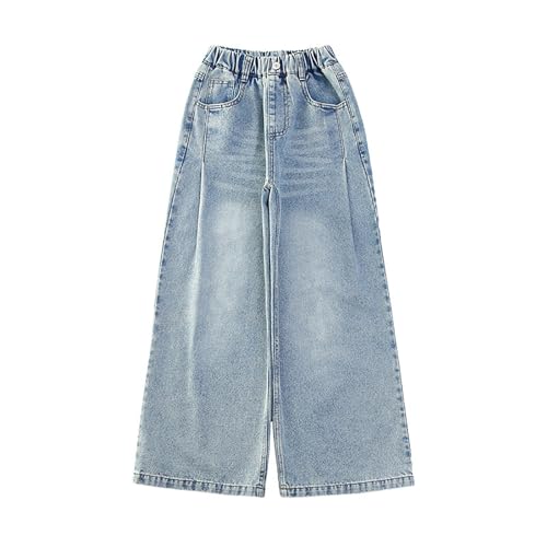 Girls Flare Denim Pants Side Smock Elastic High Waist Baggy Wide Leg Jeans Kids Casuall Trousers2