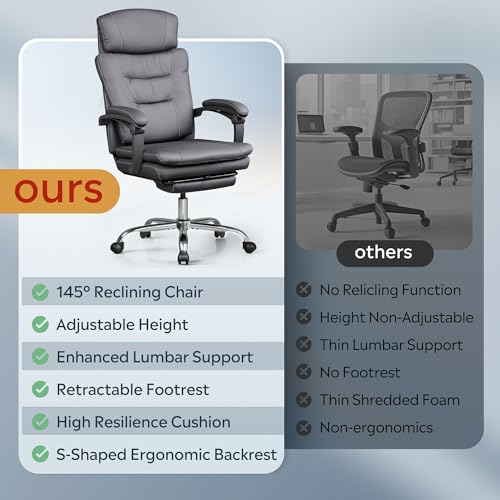 Image of DEVAISE Executive Leather Home Office Chair with Footrest, High Back and Heavy Duty, Comfortable Big and Tall Ergonomic Desk Chair with Lumbar Support, Comfy Reclining, SGS Class 4 Gas Lift, Black
