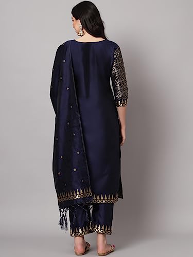 Image of VredeVogel Women's Cotton Silk Jacquard Kurta Pant Set with Banarasi Silk Dupatta