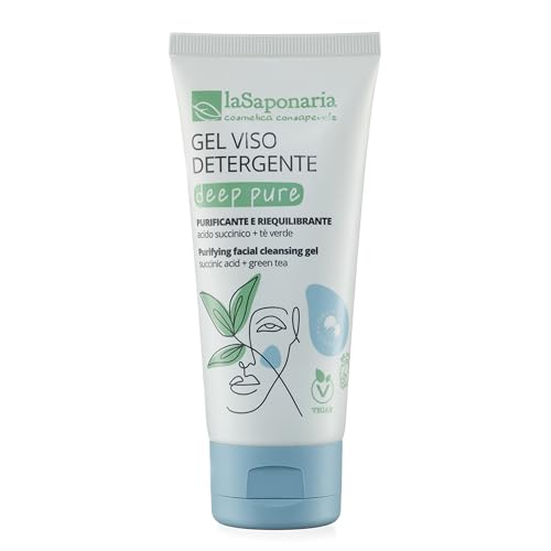 La Saponaria | Deep Pure - Gel Detergente Viso, Gel Detergente Viso Purificante E Riequilibrante A Base Di Acido Succinico E Tè Verde, 100Ml