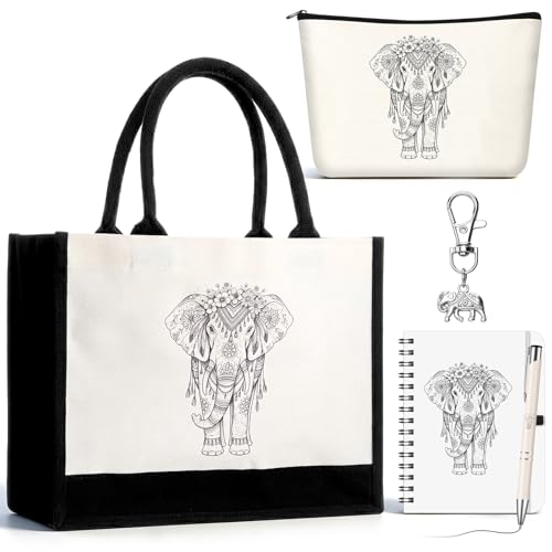 Kosiz 5 Pcs Elephant Gifts for Women, Cosmetic Bag, Canvas Bag, Coil Notebook, Ballpoint Pen and Inspirational Keychain Gift for Office School Graduation Teacher Coworker Christmas