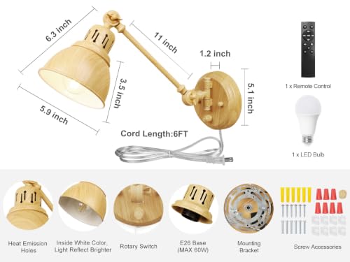 Image of GOODATE 1 Pack Plug in Wall Sconce with Remote Control, Dimming, Adjustable Colors 2700K-6500K, Plug in Wall Light, Swing Arm Wall Lamp with Night Light & Timer, LED Bulb Included, Oak Finish