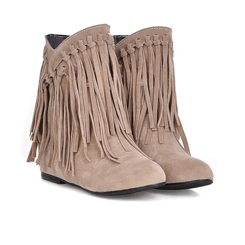 Women's Tassels Suede Mid Calf Boots,Retro Pointed Toe Inner Heightening Slip-on Ankle Boots Hidden Mid Heel Shoes Outdoor Cowgirls Low Heel Boots