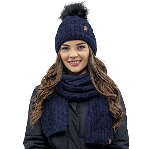 VIVISENCE Trendige Damen Winter Bommelmütze Mit Weichem Vlies-Innenfutter Aus Wärmendem Garn Antistatische Eigenschaften Perfekte Passform Für Kalte Wintertage Modisches, Dunkelblau,Einheitsgröße
