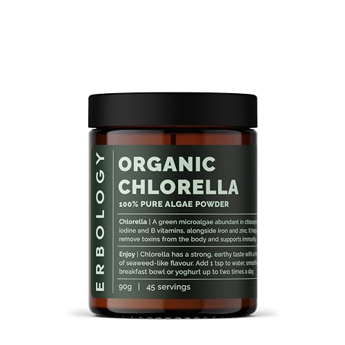 Erbology Chlorella orgánica en polvo 90 g – 45 porciones – Procedente sostenible en España – Limpieza corporal y apoyo inmunológico – Rico en clorofila, vitaminas B, hierro y fósforo – Vegano – sin
