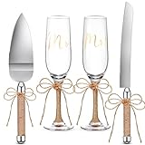 Boao 4 Piece Wedding Toasting Flutes and Cake Server Set Champagne Glasses and Cake Knife Server Set with Burlap Bow Mr and Mrs Flute Wedding Reception Supplies