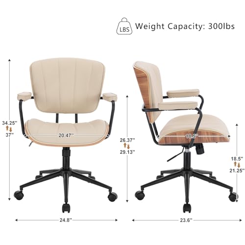 Image of Mid Century Modern Office Chair, Fixed Back Rolling Desk Chair with Armrests and Walnut Back, Adjustable Height for Home Office, Beige