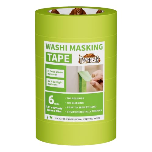 Image of TAPEBEAR Advanced Painters Tape, 21-Days Clean Removal Green Washi Masking Tape 1.18 inch x 60Yards, Medium Adhesion, Indoor Outdoor Multi-Surface Painting with Sharp Lines for Car /Wall Painting, 6Roll