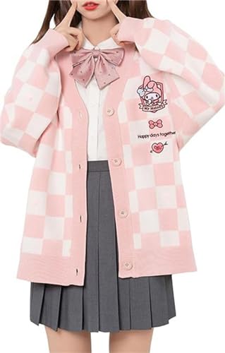 Image of Kawaii Cartoon Cardigan Sweaters for Women Girls Long Sleeve Open Front Knit Cardigans Plaid JK School Uniform