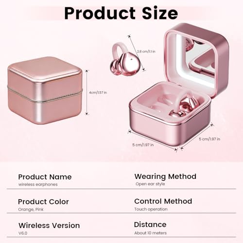 Image of Clip On Ear Headphones with a Makeup Mirror, Open Ear Earbuds Wireless Bluetooth Earbuds,Ultra-Long Battery Life, for Android /iOS Phones (Rose Gold)