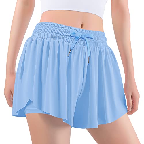 Auranso Girls Flowy Shorts with Pocket 2-in-1 Athletic Running Butterfly Shorts Light Blue 9-10 Years