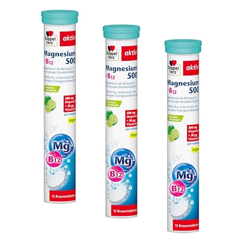 Doppelherz Magnesium 500 + B12 - mit Magnesium & Vitamin B12 zur Unterstützung der normalen Muskelfunktion - vegan - 15 Brausetabletten mit Limetten-Geschmack (Packung mit 3)
