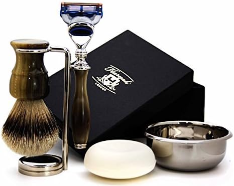 5Pc Mens Shaving Kit 5 Edge Safety Razor With Silver Tip Badger Hair Shaving Brush, Stand, Soap and Stainless Steel Bowl Perfect Set for Men