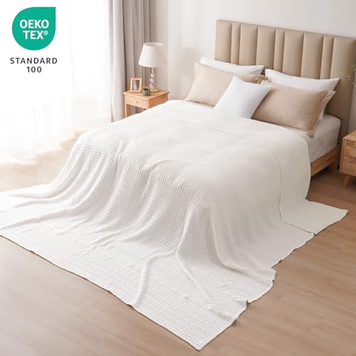 Image of PHF 100% Cotton Waffle Blanket Oversized King 120 inchx120 inch, Lightweight Breathable Extra Large 10'x10' Blankets for Bed, Giant Big Luxury Aesthetic Woven Bedding for Home Decor, White