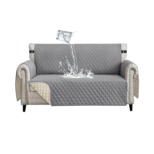 Lydevo Funda de Sofá Impermeable 2 Plazas Protector de Sofá Antideslizante con Correas Elásticas Fundas de Sofa Universal con Brazos Fundas de Sofapara Mascotas Perros Gatos,Gris pálido