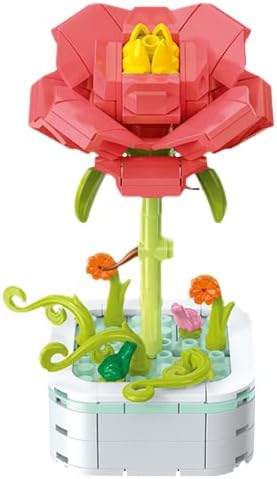 Juego de construcción de ramo de flores con base, flores artificiales de peonía roja, bloques de construcción para decoración de oficina en casa,