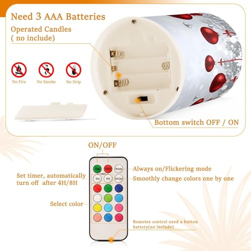 Image of Christmas Lights Decorations Flameless Candles New Year Fir Branches Red Christmas Balls Pillar Candles Set of 2 Battery Operated Remote Control Warm Lights