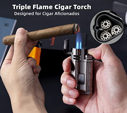 Castelar Torch Lighter Triple Jet Flame Refillable Butane Cigar Lighter With Cigar Punch Rest Holder - Butane Not Included #TOP4