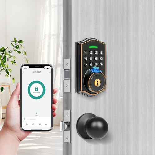 SUBPOT Fingerprint Smart Locks for Front Door with Handle Set,Smart Locks for Front Door,Keyless Entry Keypad Deadbolt, App Control,with 2 Knob,Anti-Peek Password,Easy Install,Auto Lock,Satin Nickel