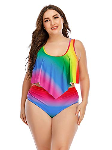 Wellwits Women's Plus Size Rainbow Gradient Color Ruffle Top Bikini Set Swimsuit3