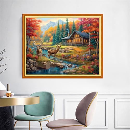 Image of Joyhoor Cross Stitch Kits for Beginners Stamped Cross-Stitch Supplies Needlework preprint Embroidery Kits for Adults DIY Needlepoint Kits Embroidery Patterns 11CT-Hut elk 16x20 inchs