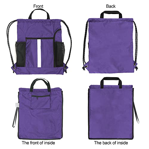 Image of BeeGreen Purple String Bag Sack Gym Backpack with Shoe Compartment and Two Water Bottle Holder for Men Women Lightweight Durable Drawstring Cinch Sackpack