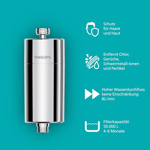 Philips Water Inline-Duschfilter mit 1 Ersatzkartusche – 50.000 L Kapazität, reduziert Chlor um bis zu 99%, passend für alle Standardschläuche und -armaturen, Chrom