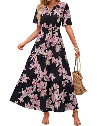 Image of ZESICA Women's 2026 Summer Spring Floral Boho Maxi Dresses Casual Short Sleeve V Neck A Line Flowy Beach Vacation Dress