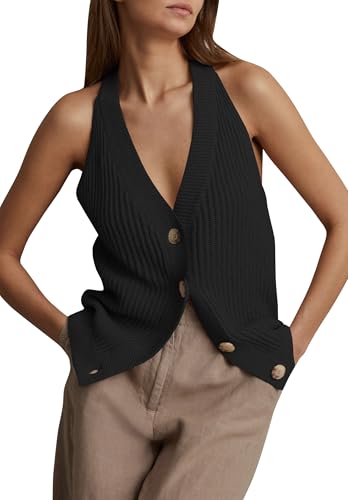 Women Sweater Vest Tops Sleeveless Button Down V...