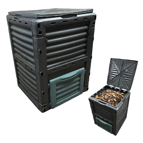 300L Outdoor Garden Compost Bin - Eco Friendly Organic Waste Converter Kitchen Composter | With Flip Latchs on Lid Weatherproof Easy to Assemble | Black & Green - Bottom Exit Door Grass Food Trash