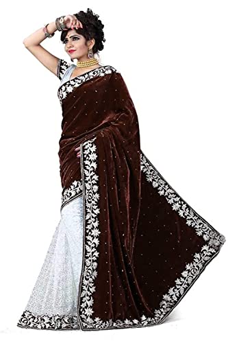 Image of Women's Velvet and Brasso Half-Half Saree with Blouse Piece