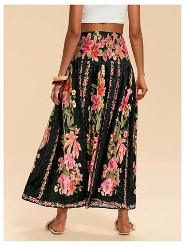 Verdusa Women's Boho Floral Print Maxi Skirt Shirred High Waisted A Line Flowy Long Skirts2
