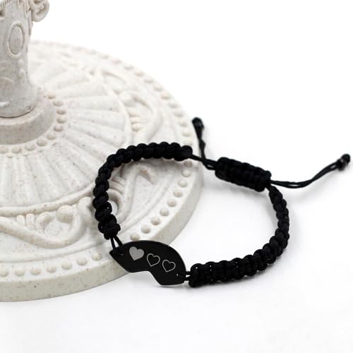 Personalize 3PCS Friendship Bracelets Heart Puzzle Matching Handmade Woven Braided Black Rope Bracelet Set for Best Friends Sisters3