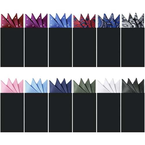 Eurzom 12 Pcs Pocket Squares for Men Prefolded Suit Pocket Squares on Card Masculine Polyester Handkerchief Suit Accessories (Multi Color Stylish Style)