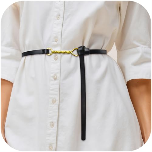 Skinny Belt for Women, Soft Leather Waist Belt with Gold Twist Buckle, Holeless Adjustable Design for Jeans & Dresses