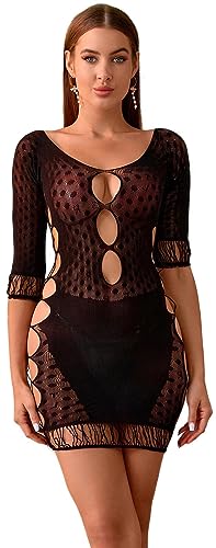 Bommi Fairy Damen Dessous Mesh Ausschnitt Cut-Out Bodycon Sexy Minikleid Fishnet Durchsichtiges Kleid Dessous Club Wear Party Kleid Out Fits (Schwarz)
