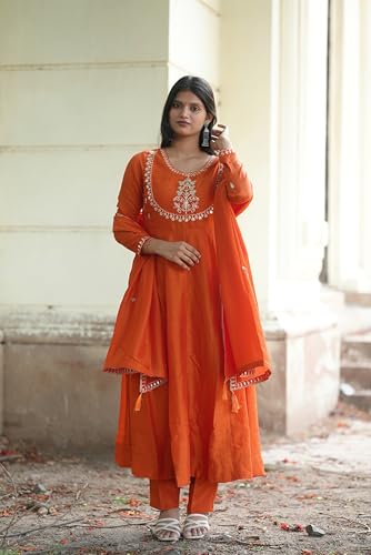 Image of MOKOSH Women's Silk Embroidery Anakrali Kurta Pant with Dupatta | Anarkali Kurta Set | Round Neck Full Sleeve Ethnic Suit | Floral Kurta 7 Colour Option Available | 3 Piece Outfit