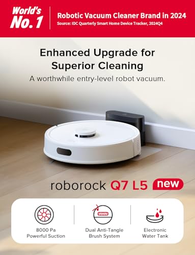 roborock Q7 L5 Robot Vacuum and Mop Combo, 8,000Pa Suction, Upgraded from Q5 Pro, Dual Anti-Tangle System, LiDAR Navigation, No-Go Zones, Self-Charging Robotic Vacuum Cleaner, White