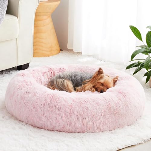 WNPETHOME Calming Dog Bed Cat Bed Donut, Faux Fur Pet Bed Self-Warming Donut Cuddler, Comfortable Round Plush Dog Beds (20 x 20 x 8 Inch, Light Pink)