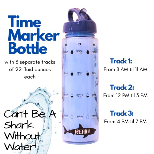 Daily Kids Sports Motivational Water Bottle With Time Marker For Boys – Ice Cube Stick Tube Inside - Leak Proof Cap With Handle Lid And Straw – Shark Theme For School And Travel – 22 Ounce (Shark) #TOP2