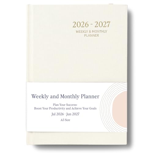 Agenda 2026-2027 semanal y mensual A5 en tapa dura de lino beige con pestañas
