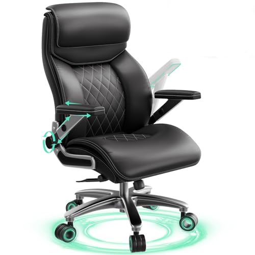 Big and Tall Office Chair with 5D Arms, 600lbs Heavy Duty Desk Chair with Adjustable Lumbar Support, PU Leather High Back Ergonomic Executive Computer Chair with 3'' Silent Casters