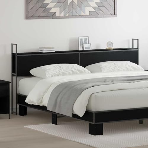 sephironlbb Cabecero con espacio de almacenamiento y estación de carga integrada, aspecto de roble negro, marco de acero, 203 x 15 x 98 cm, accesorio moderno para dormitorio con práctico espacio de