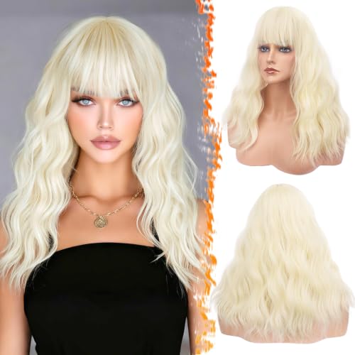 BARSDAR Platinum Blonde Wavy Wig with Bangs 18 Inch Natural Soft Synthetic