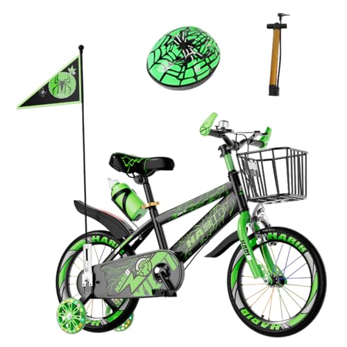 Habib Kinderfahrrad Jungenfahrrad 16 Zoll ab 3 Jahre – mit LED Stützrädern, Korb, Klingel & GRATIS Helm & Pumpe, Vorderradbremse (Grün)