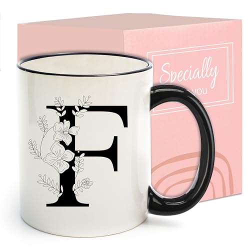 Monogram Ceramic Coffee Mugs, 11 oz Initial Drinking Cup with Gift Box, Unique Birthday Valentines Day Gifts for Women Wife Mothers Day Grandma Mom Aunt, F